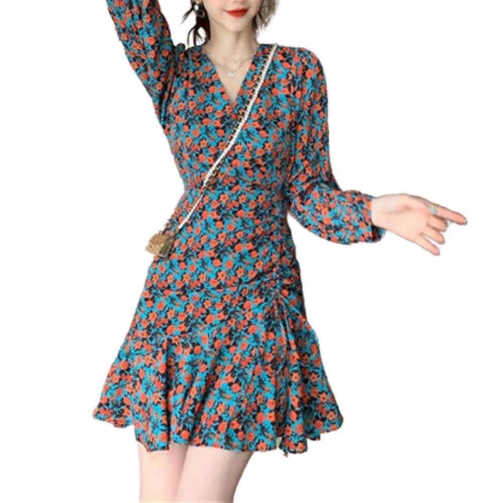

V Neck Spring Autumn Spring Short Flare Fresh Tight Floral Skirt Causal Trip Dress Party Ruffle Women Dresses Casual Long Sleeve