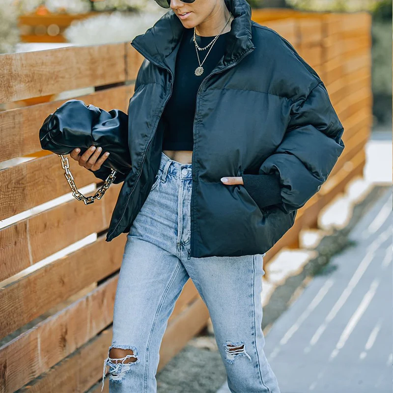

Oversized Cotton Jacket Fashion Women Winter Warm Coat Zipper-Up Street Wear Long Sleeve Black Color Pocket Short Jackets Outfit