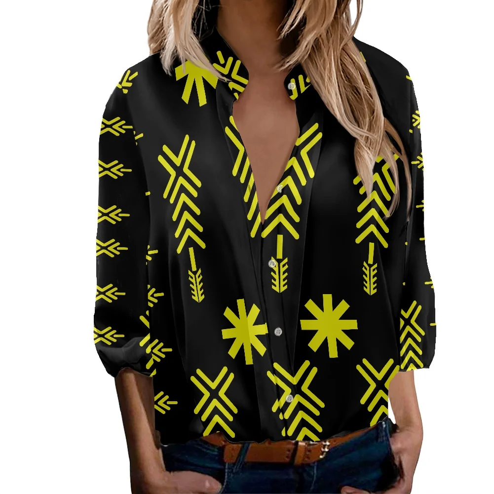 

Travel Casual Daily Wear Hawaiian Style Summer Ladies Polynesian Tribal Pattern Printing Long-Sleeved Lapel Chiffon Shirts 2022