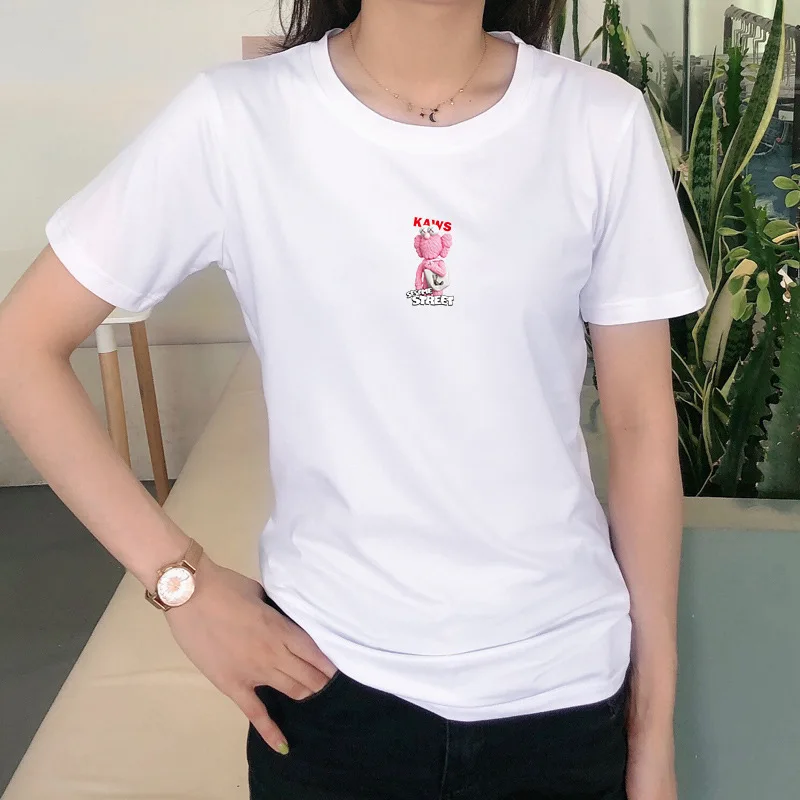 Лето 2019 женские футболки с мультяшным принтом Повседневная Уличная мода топы