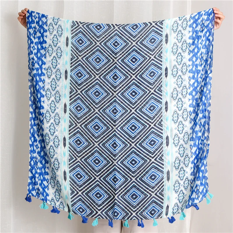 

2020 Popular women's tourism sunscreen silk scarf national wind beach printed blue shawl autumn winter fashion cotton hemp scarf