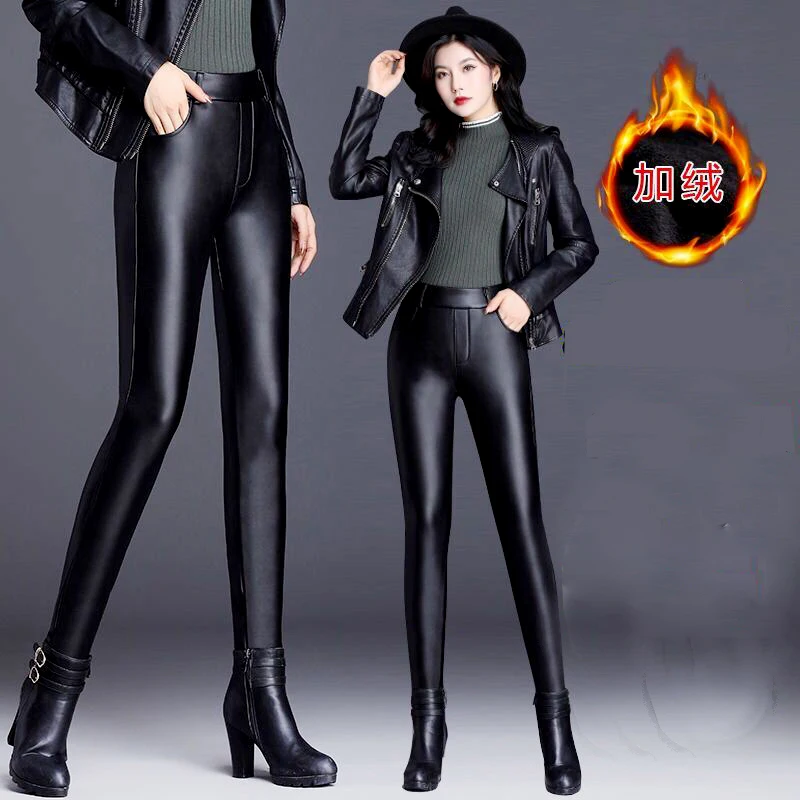 

Winter High Waist Leather Leggings for Women Black Warm Matt Thick Skinny Velvet Wool Fleece Ladies Stretch Sexy Slim Pants S-5X