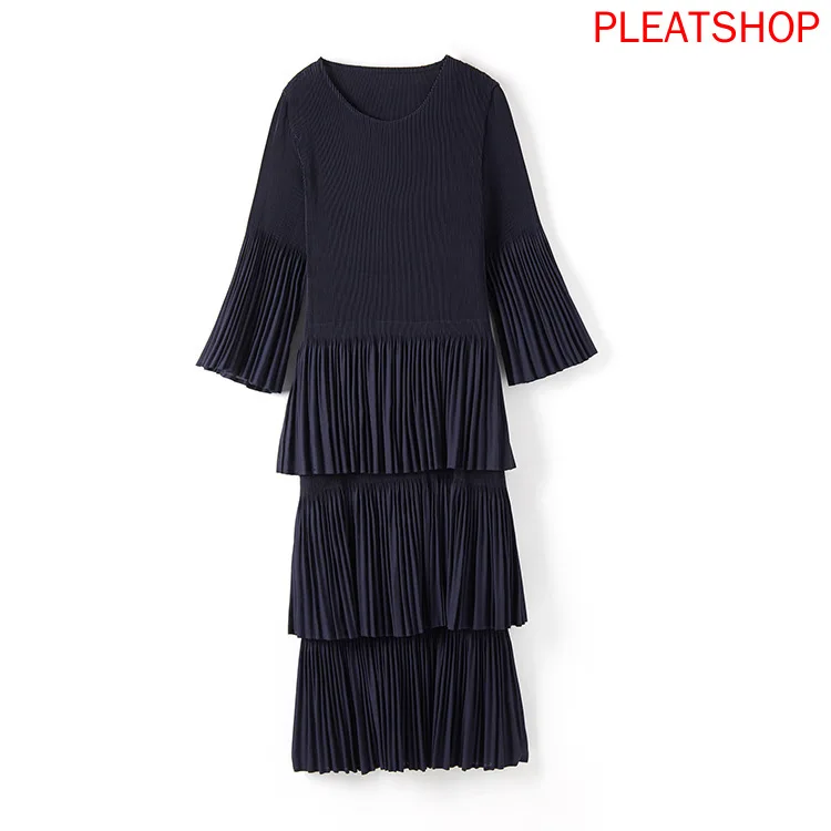 

Pleated Cake Dress Women MIYAKE Seven-Point Bell Sleeve Elegant Temperament Elastic Slim Over the Knee Vestidos Summer Shein
