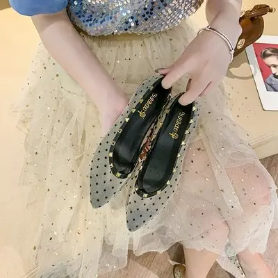 

2021 spring, summer and autumn fashion all-match mesh single shoes shallow mouth pointed toe soft sole large size sexy hollow fl