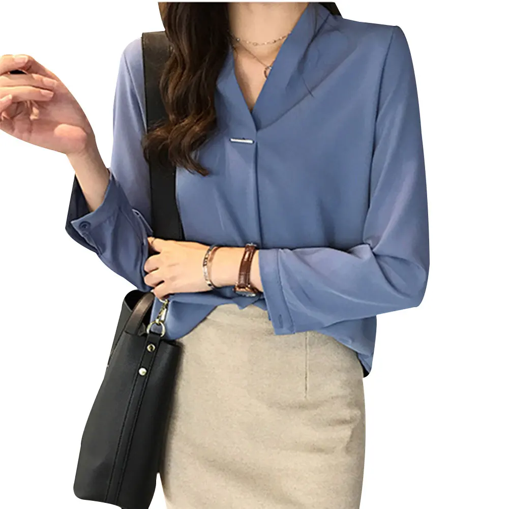 New Fashion Autumn Blouses Women Casual V Neck Shirts Long Sleeves Chiffon Tops Ladies Work Office Shirt 2020 | Женская одежда