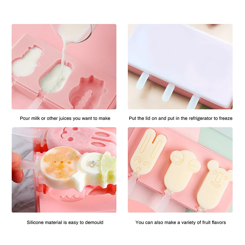

Cartoon Style Ice Cream With Popsicle Stick Mold Food Degree Silicone Ice Cream Mould Ice Cube Tray For DIY Popsicle Stick Mold
