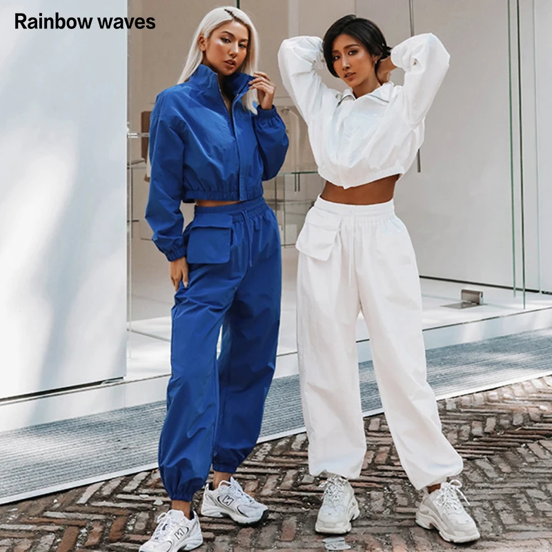 

Rainbowwaves Women's Tracksuit Suit Fashion Patchwork Cardigan Long Sleeve Coat Top Pants Two Piece Sets Streetwear Sport Outfit