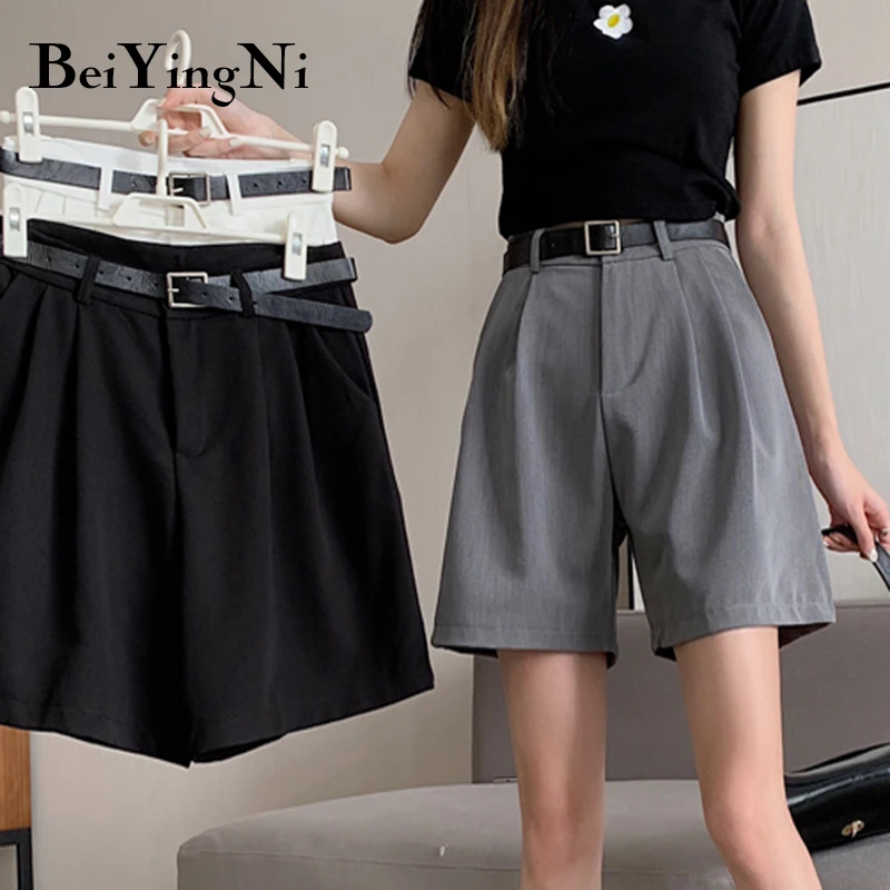 

Beiyingni 2021 New Fashion Suits Pants Womens Loose High Waist Casual Shorts Female Sashes Vintage Office Ladies Shorts Woman OL
