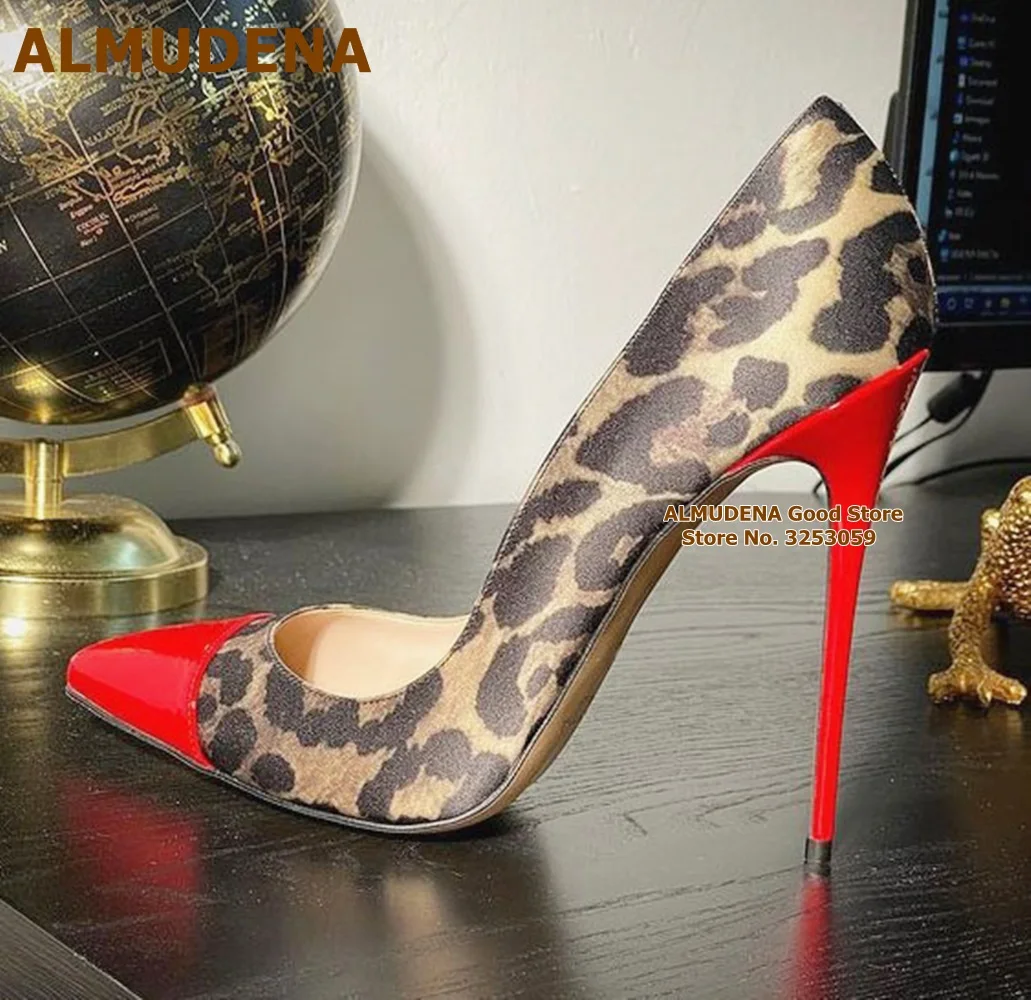 ALMUDENA Red Thin High Heels Patent Leather Dress Shoes Sexy Leopard Patchwork Pointed Toe Wedding Pumps 12cm Shallow Cut Shoes