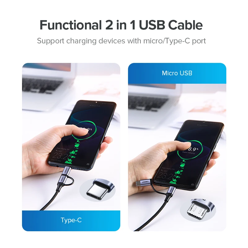 Ugreen usb type-C кабель для samsung Galaxy S10 S9 2 в 1 быстрый Micro USB кабель для зарядки и передачи данных мобильный телефон USB зарядное устройство Шнур