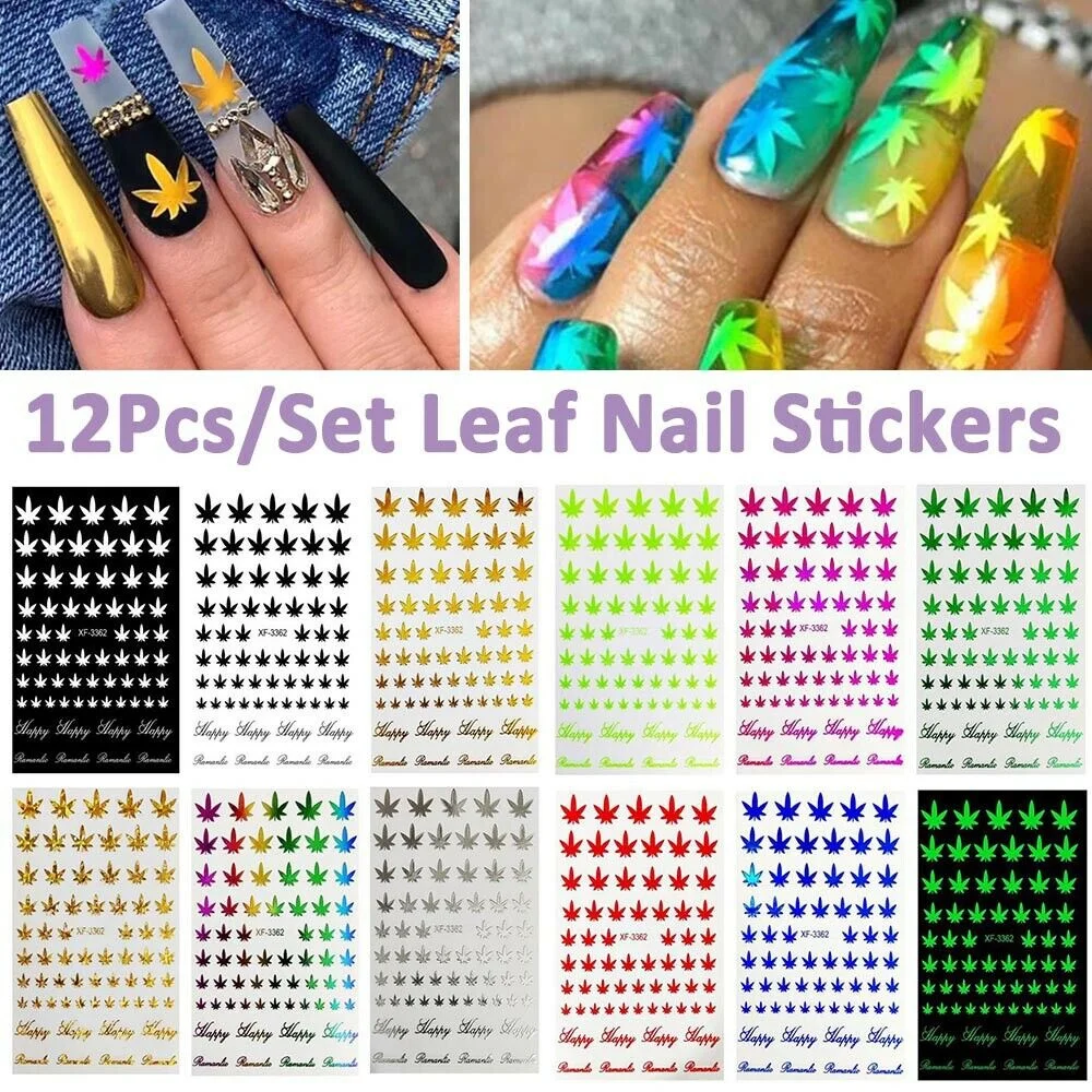 

12pcs/set Nail Art 3d Decal Sticker Selfadhesive Weed Nail Sticker Pot Weed Leaf Stickers Manicure Design Decoration Colorful