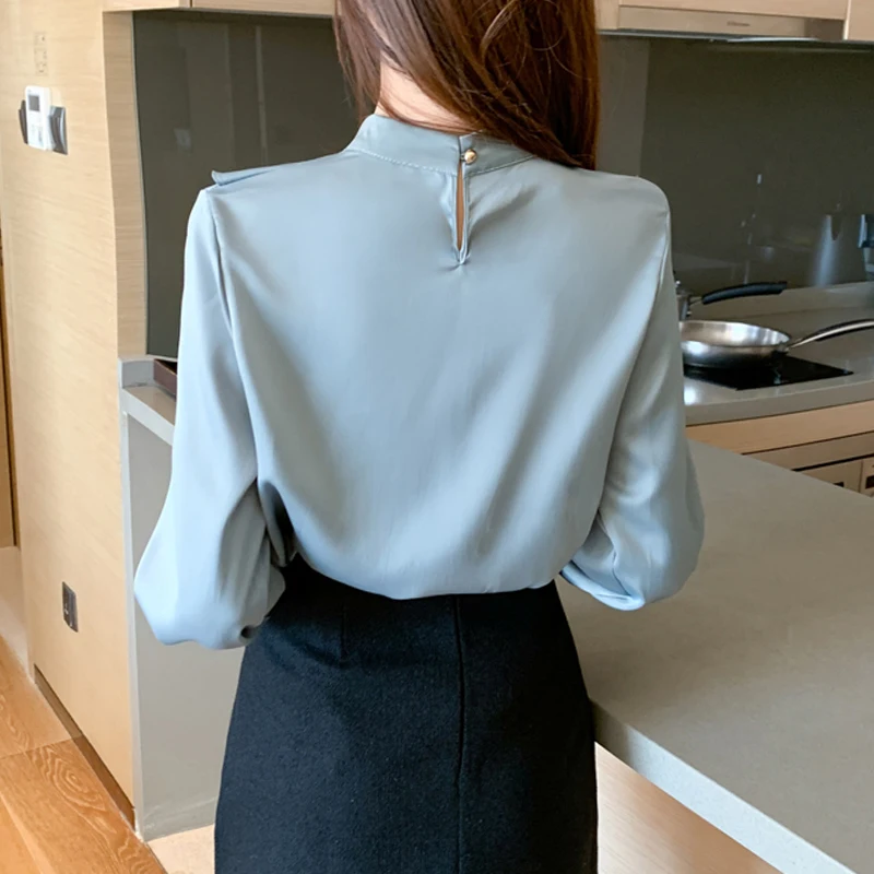 

Casual Slim Work Shirt Blusas Mujer New Style Tops for Women 2021 Autumn Satin Chiffon Blouse Women Solid Ruffled Shirt 10499