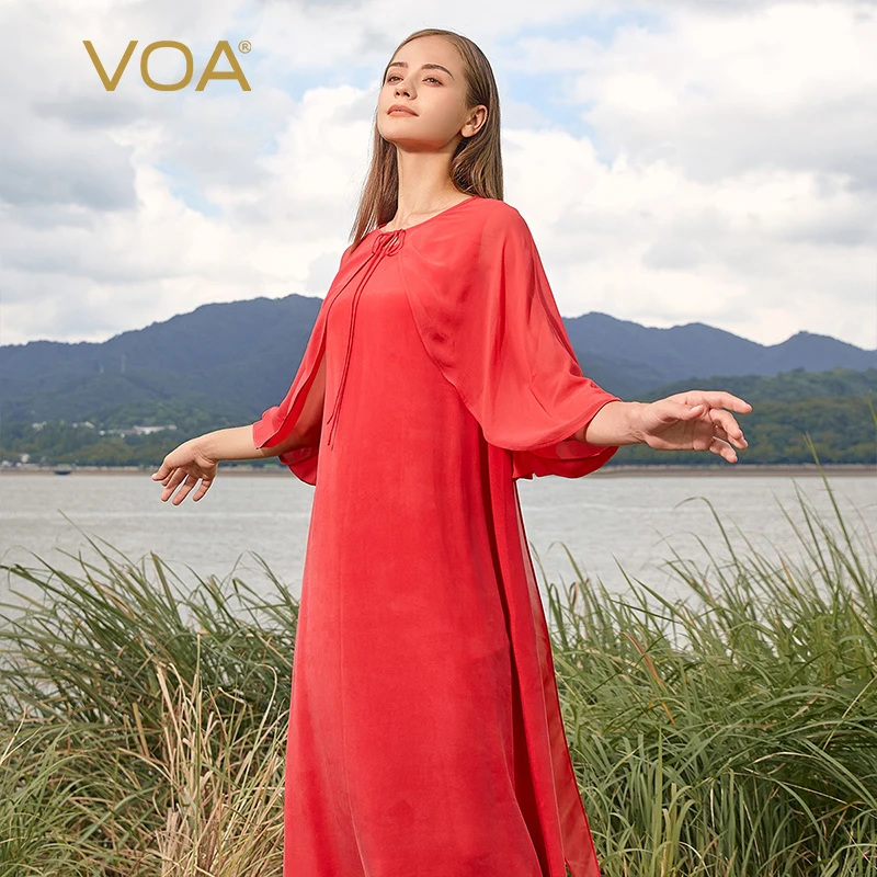 

VOA Silk Dream Red Prom Dresses 2021 Round Neck Sleeveless Georgette Splicing Shawl Long Dresses for Women Party Dress AE995