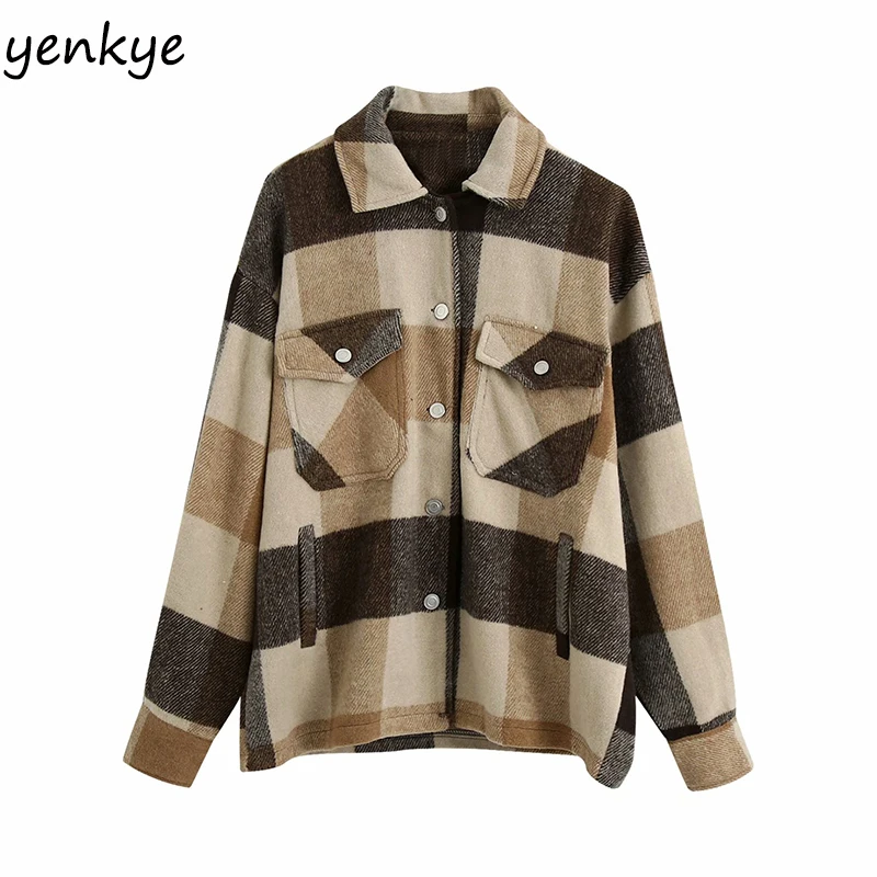 

Fashion Women Vintage Plaid Woolen Coat Long Sleeve Lapel Collar Pockets Casual Overshirt Autumn Jacket Plus Size Outerwear