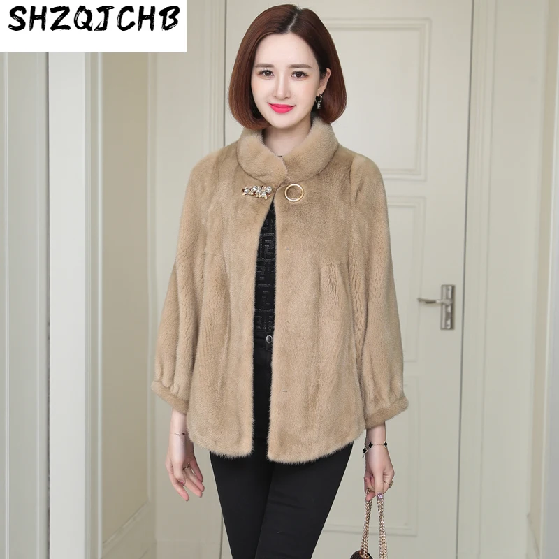 

SHZQ новое бархатное Норковое Пальто, женское короткое полупальто с высокой горловиной из цельной норки, Норковое меховое пальто, Корея