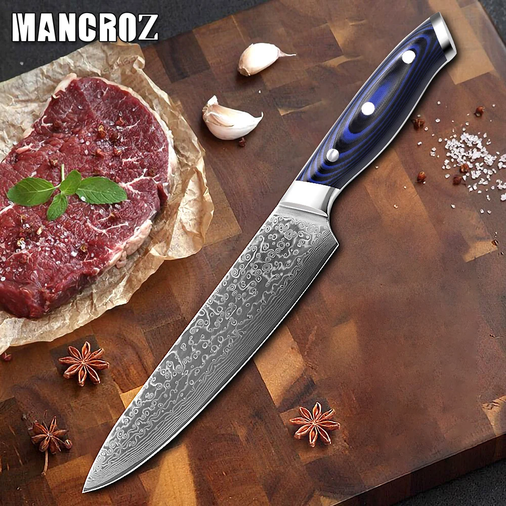 

Нож шеф-повара MANCROZ VG10 из дамасской стали, 8 дюймов, 67 слоев, деревянная ручка, кухонные ножи для резки лосося, мяса, овощей