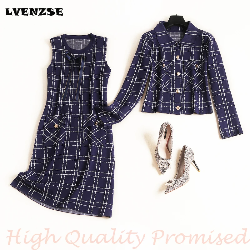LVENZSE Autumn Women Dress Suit Elegant Beaded Knitted Short Blazer and Sets 2 Pieces Clothing Suits | Женская одежда