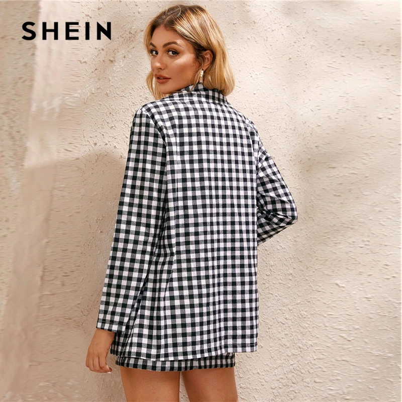 SHEIN черный и белый клетчатый принт на одной пуговице спереди Блейзер и юбка элегантный комплект для женщин осень с длинным рукавом Повседневные наряды