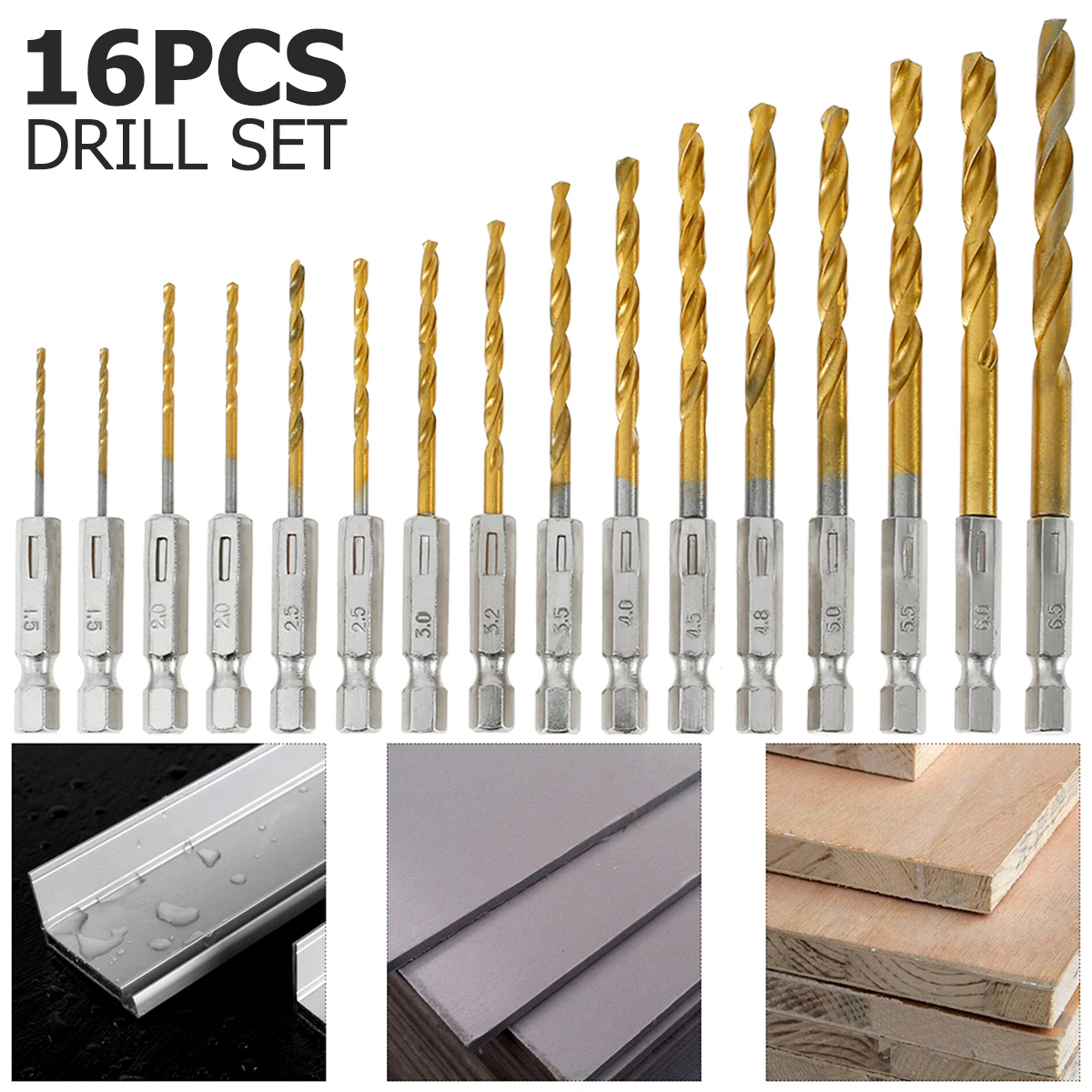 

16pcs 1/4" Hex Shank Drill Bit Set 1.5-6.5mm Twist Drill Bit Set High Speed Steel Masonry Drill Bit Set