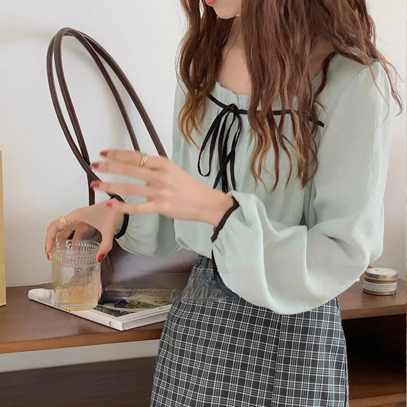 

Lace Up Bow Square Neck Long Sleeve Women' Shirt 2021 Spring New Korean Design Shirt Simple Sweet Elegant Ropa De Mujer