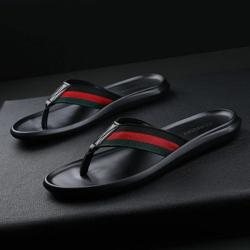 

Coslony slippers men top shoe brands leather high quality black striped summer slippers soft flip flop men sleepers shoes men