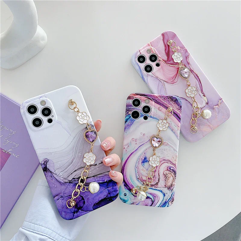 

2022 phone Cover with Bracelet Marble Lanyard Phone Case For iPhone 7 8 Plus SE 11 12 Mini X XS XR Pro Max Case IMD Back Cover