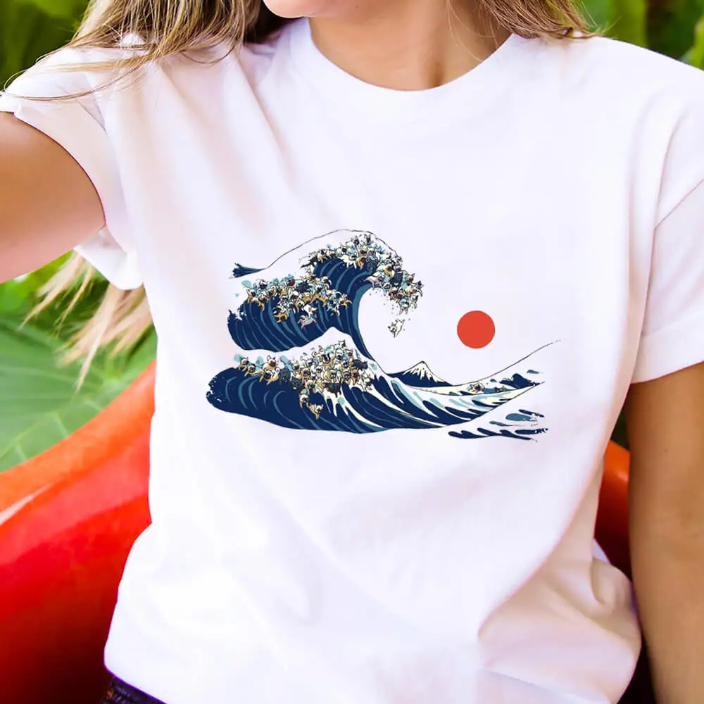 Собак с волнами и защита от солнца 100% хлопок печатных женщин футболка