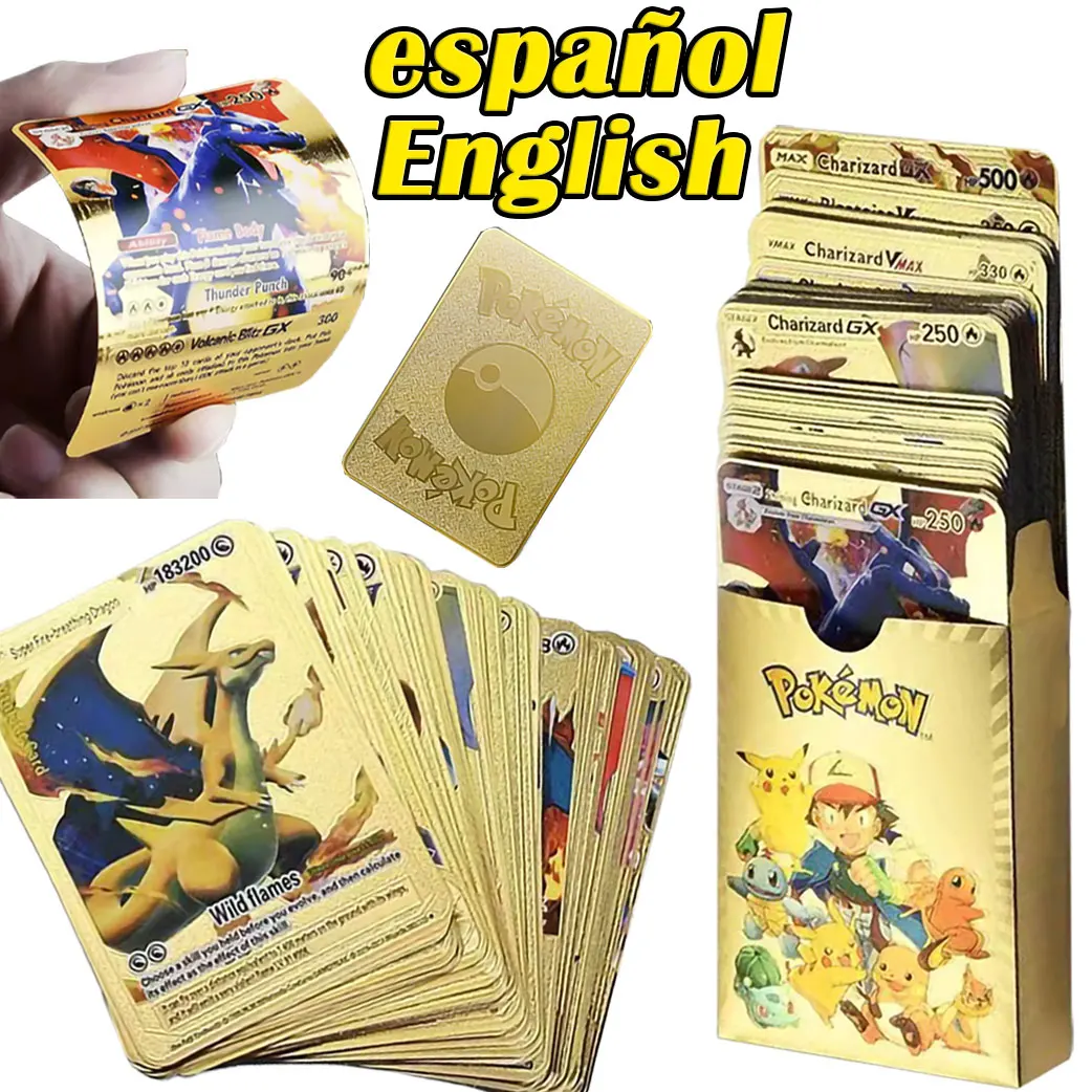 

Золотые карты Pokemon в английской испанской металлической радужной карте Пикачу; Чаризард Vmax GX детский игровая коллекция карт Рождественский...