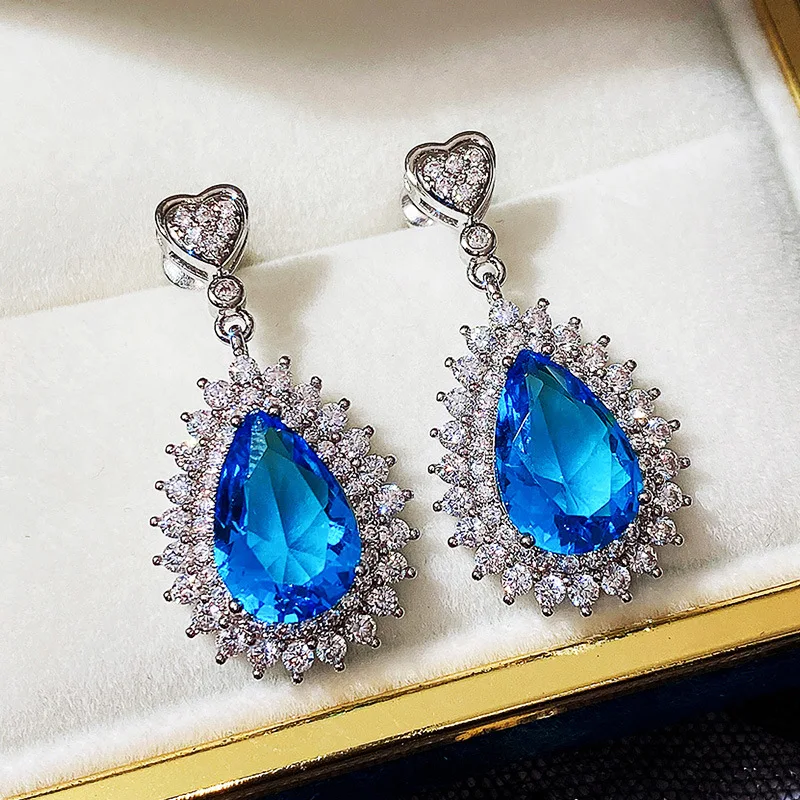 

YH-ZL Big Teardrop Blue CZ Stone Drop Earrings High Quality Silver Color Gorgeous Women Accessories Wedding Trend Hot Jewelry