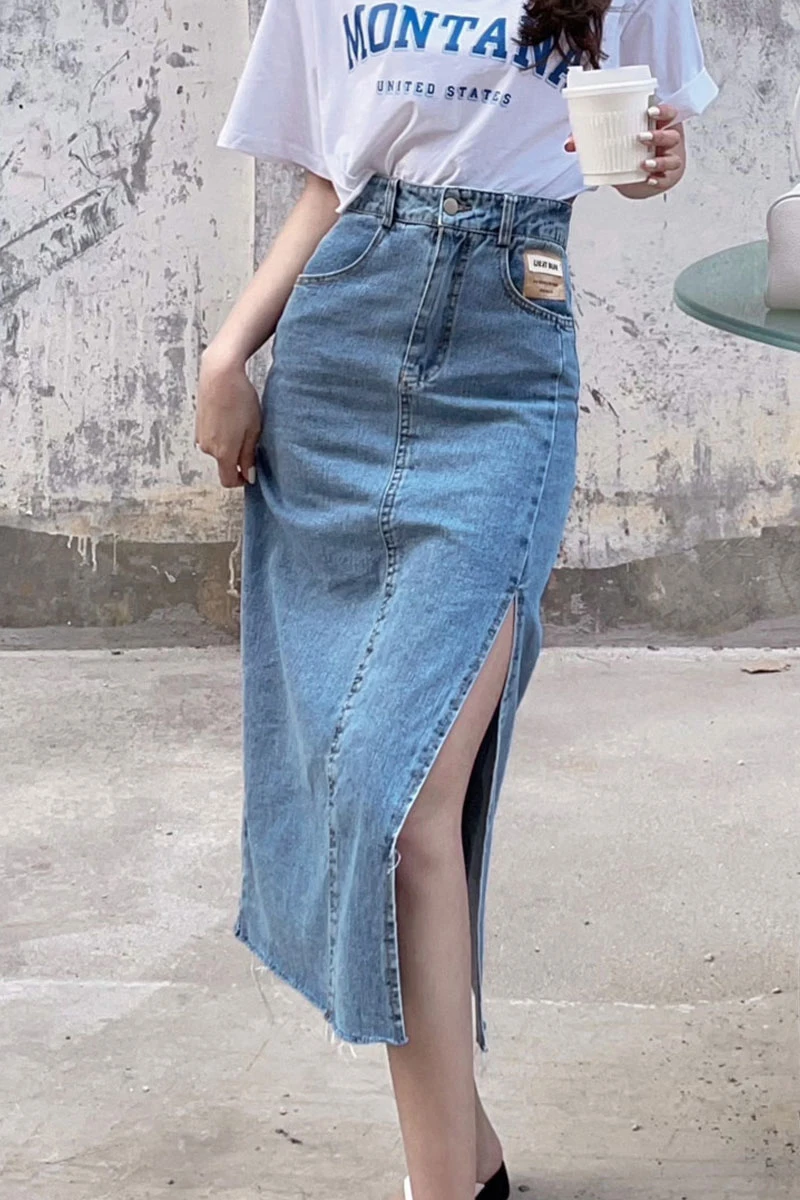 

Women Summer High Waist A-line Denim Skirt Mid-length Dress Irregular Thin Split Skirt