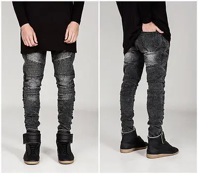 

Newly France Men Style Distressed Moto Pants Biker Light Grey Blue Black JEANS Distressed Moto Pants Biker