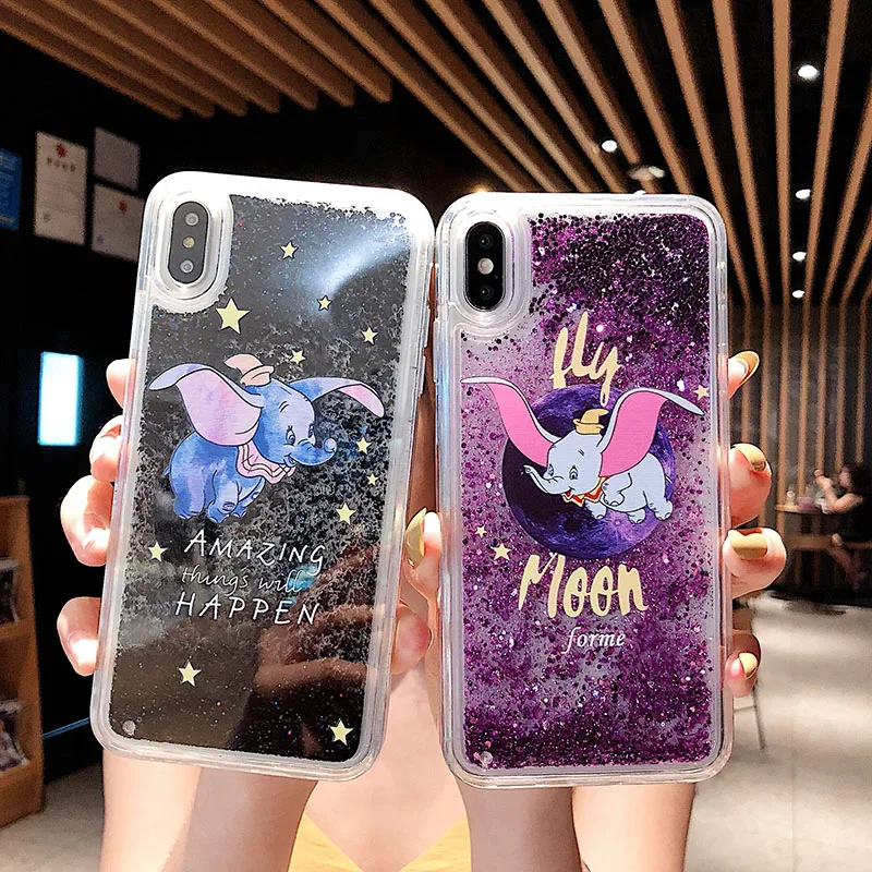 Милый мультяшный слон Дамбо динамический Жидкий чехол зыбучие пески для iPhone 6 6s 7 8