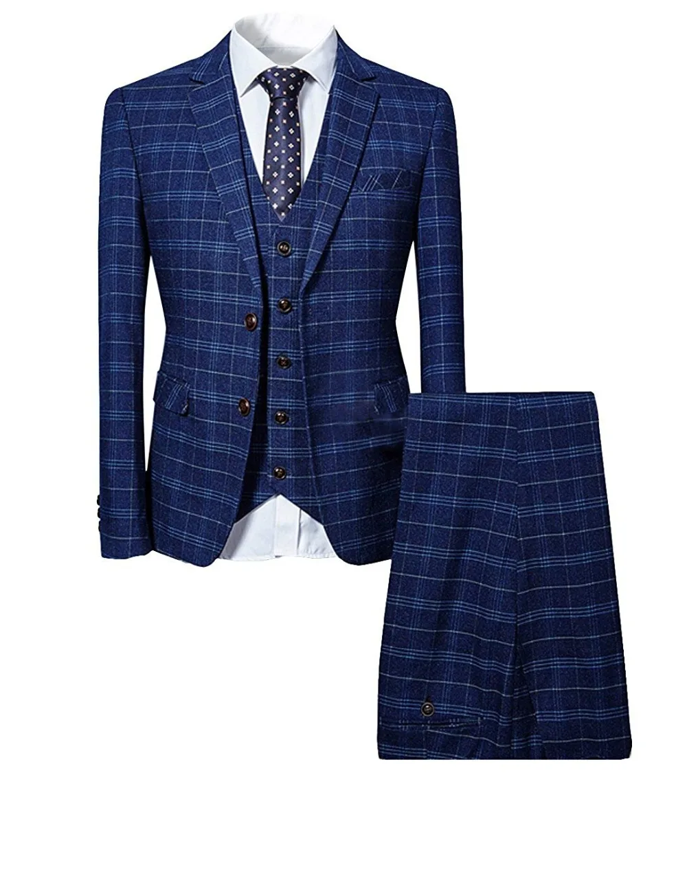 

Mens 3 Piece Checked Suit Blue/Black Single Breasted Vintage Suits Formal Business Notch Lapel Tuxedos For Wedding
