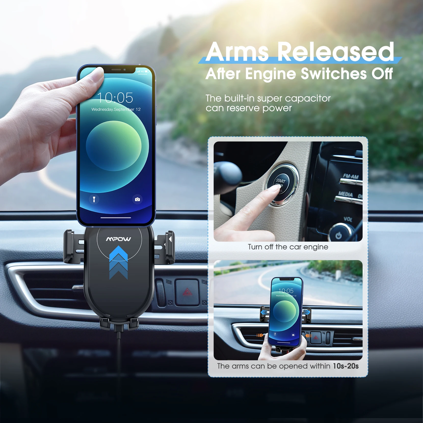 

MPOW CA164 Wireless Car Charger Mount 10W Auto-clamping Qi Fast Charging Car Mount with Power Storage Air Vent Car Phone Holder