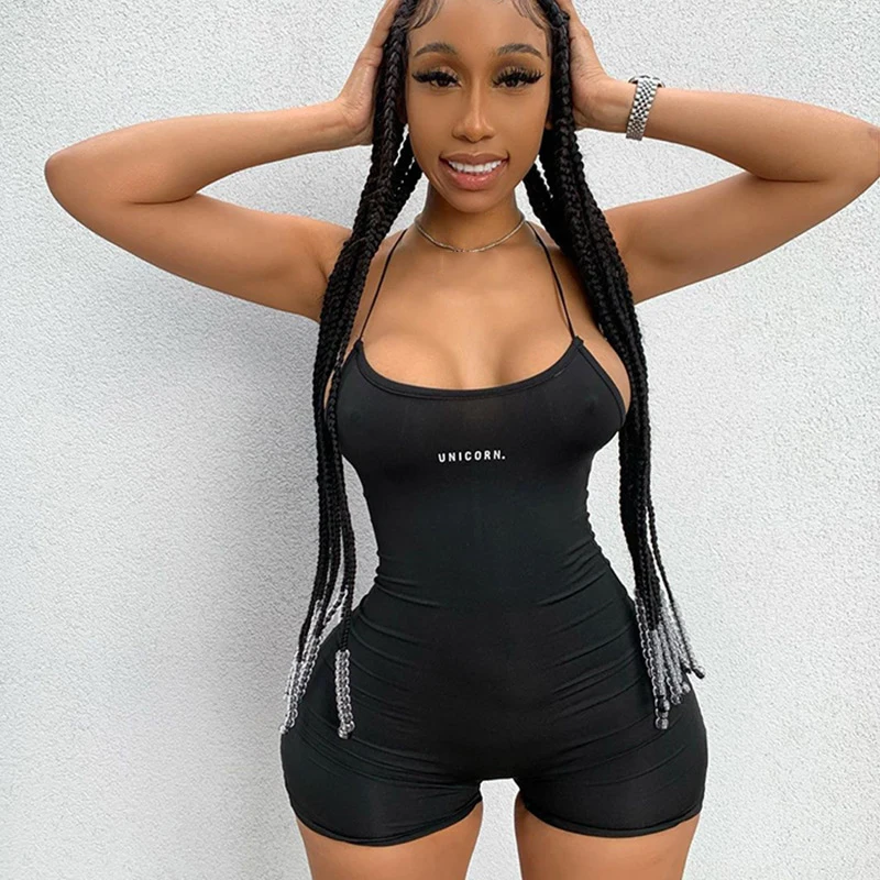 Letter Jumpsuit Bodysuit Romper Women Hollow Out High Street Solid Casual Sportswear Push-Up Fitness Suit Sling Tight Hip Femme
