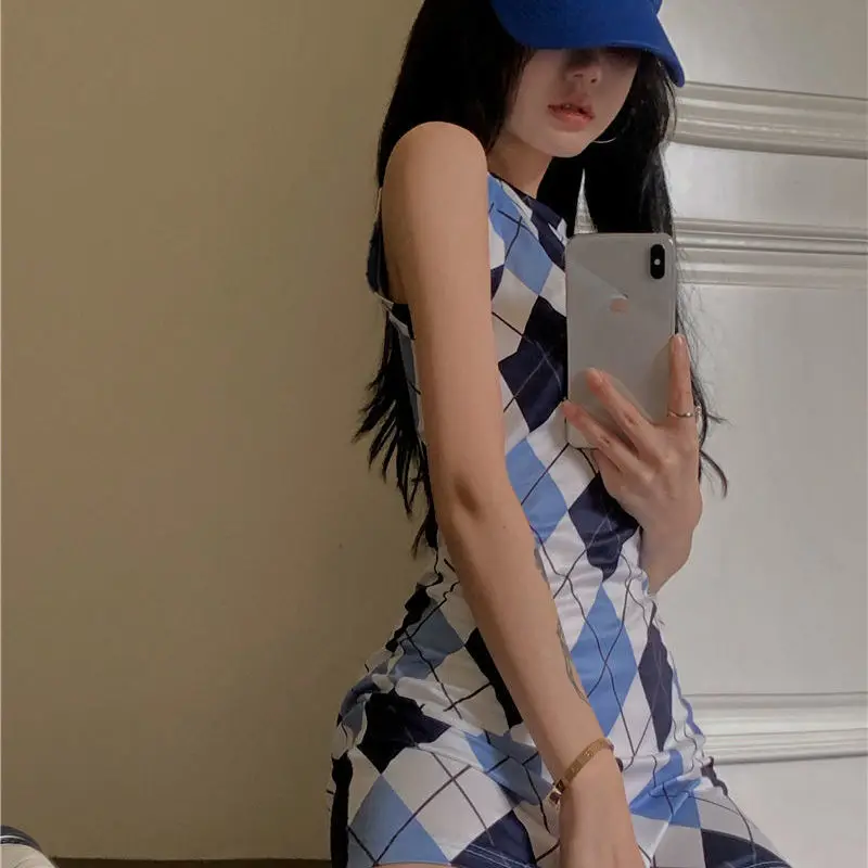 

Retro Polo Collar Rhomboid Vest Dress Women's Summer New Style Sexy Short-sleeved Hip Mini Skirt