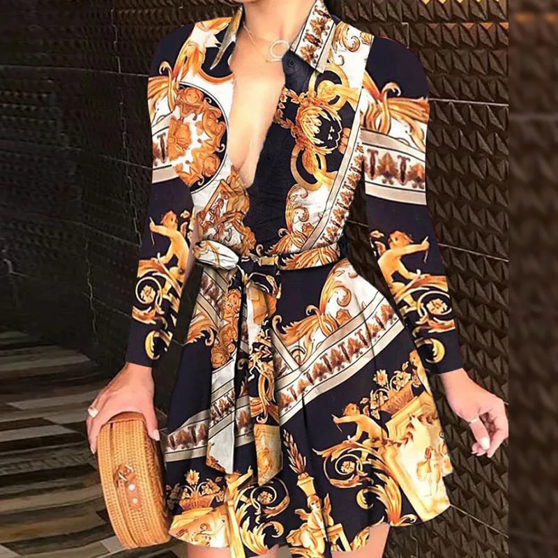 

2021 Spring and autumn V-neck women's long sleeve short skirt, women's sexy mini skirt, high waist, party and disco