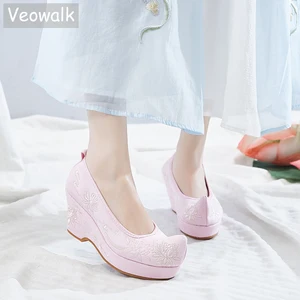 VeowalkЖенская обувь на танкетке 8 см; Обувь на платформе из хлопчатобумажной ткани; Винтажные женские туфли-лодочки с ремешком на щиколотке; Удобная обувь с вышивкой; Hanfu