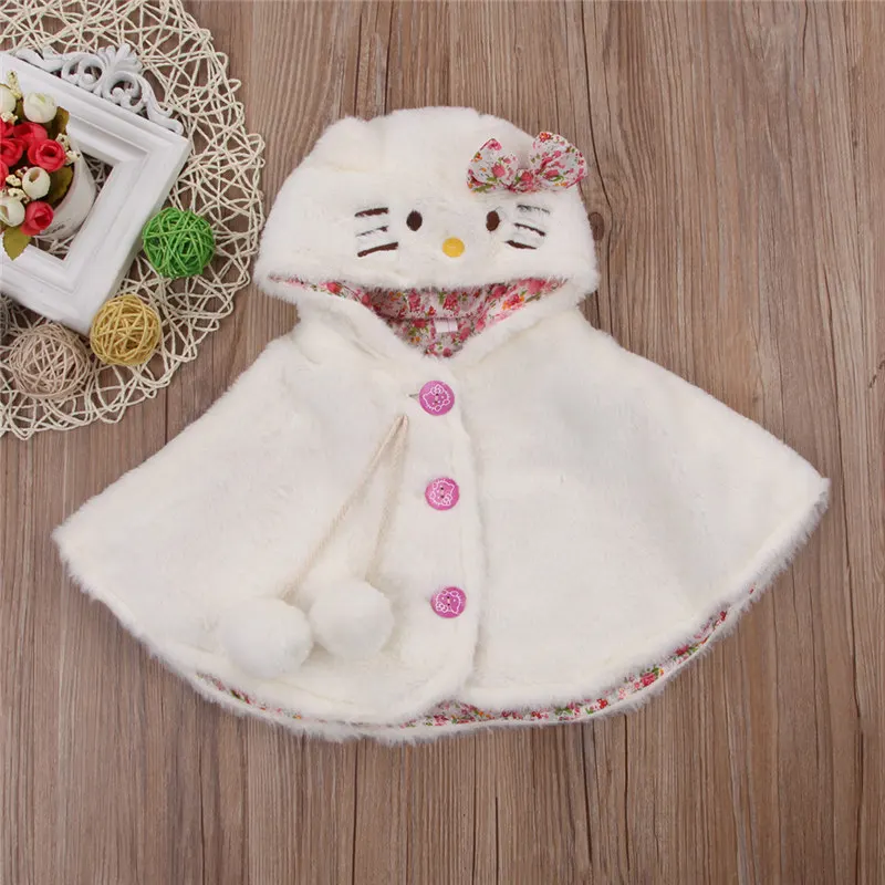 

0-2Years Lovely Baby Girls Clothes Cat Plush Hooded Lace Up Buttons Poncho Jacket Outwear Kids Warm Coat Clothes for Winter