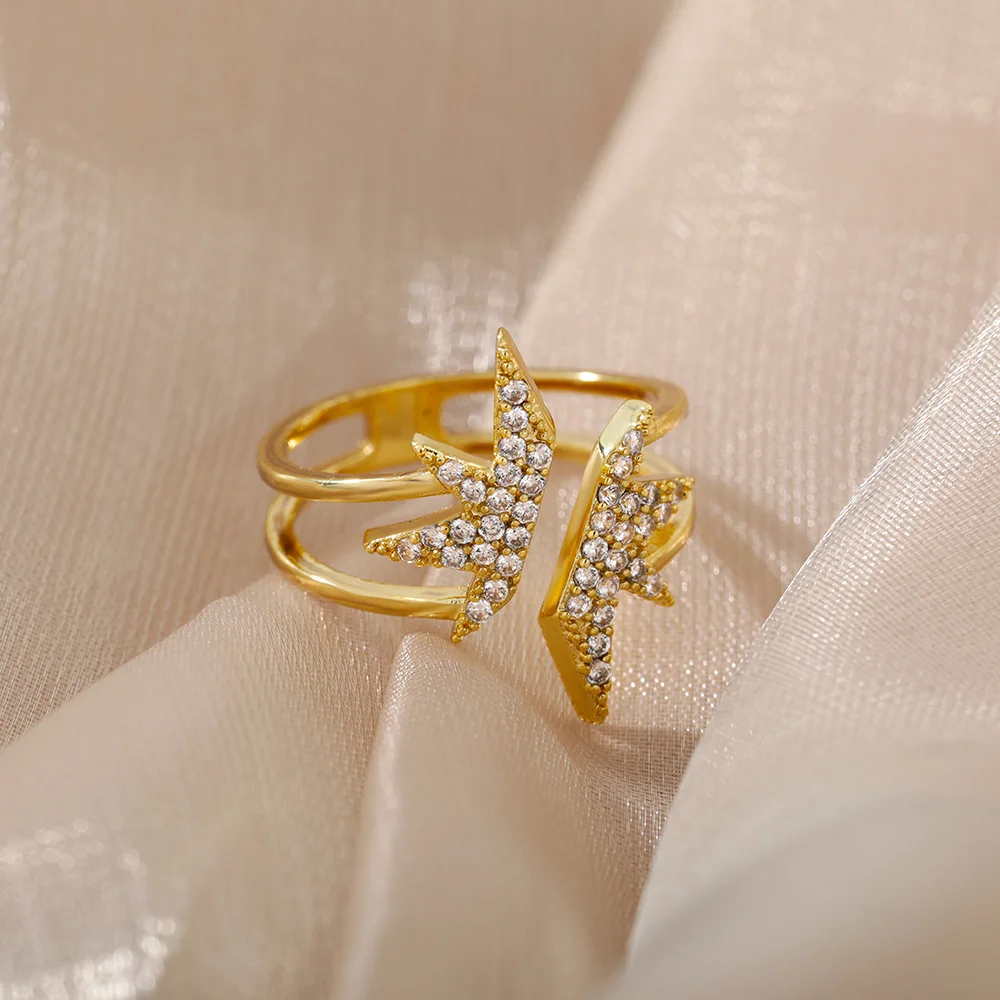 

Zircon Open Maple Leaf Couple Rings For Women Gold Animal Butterfly Finger Ring Elegant Engagement Wedding Jewelry Anillos Bague