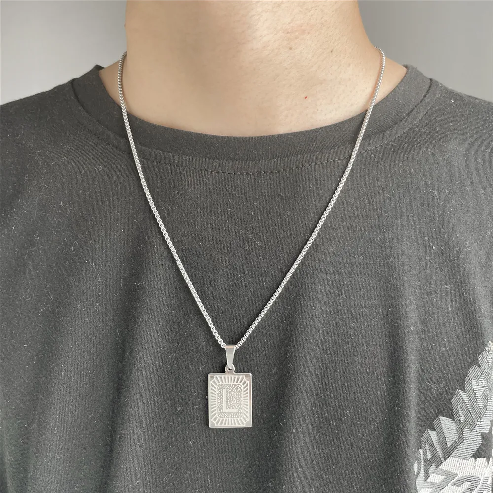 

New Initials Pendant A-Z Letter Name Necklace For Women Men Silver Color Stainless Steel Square Alphabet Charm Necklace