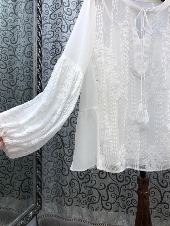 

2021 100%Silk Blouses Spring Summer Fashion Style Tops Women Allover Luxurious Embroidery Long Sleeve Elegant White Tops Ladies