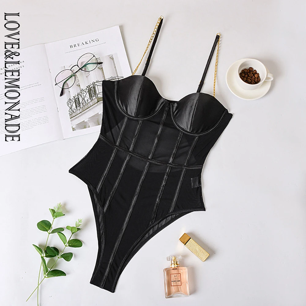 Женское Сетчатое боди LOVE &amp LEMONADE облегающее с металлической цепочкой модель LM90321