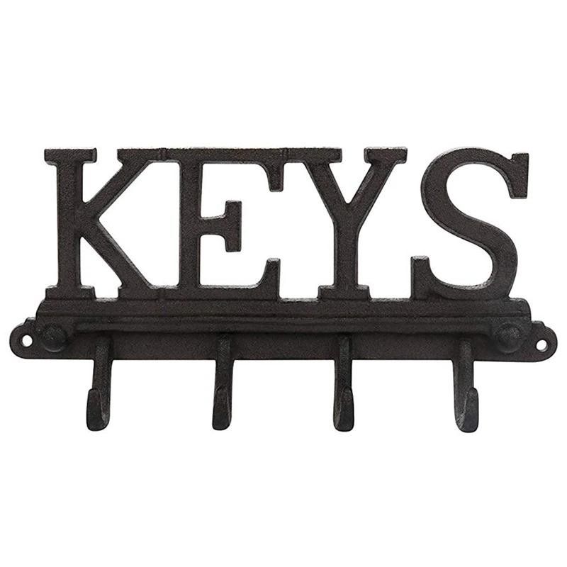 

Cast Iron Wall Mounted 4 Hook Key Holder - Rustic, Vintage Style Rack with Hooks for Keys