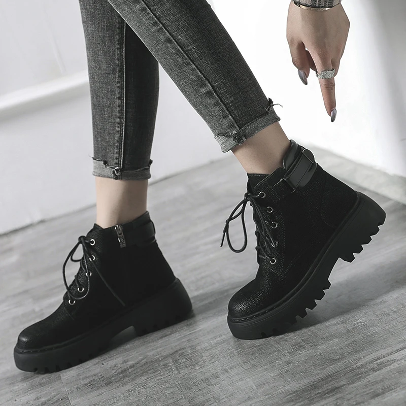 Ботильоны для женщин на платформе обувь черного цвета армейские ботинки молнии