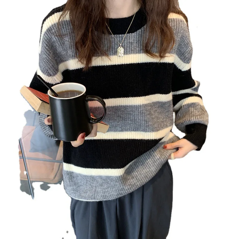 

2021 Autumn and Winter Newest Style Korean Retro Fashion Elegant Color Matching Loose Round Neck Sweater Woman Clothes