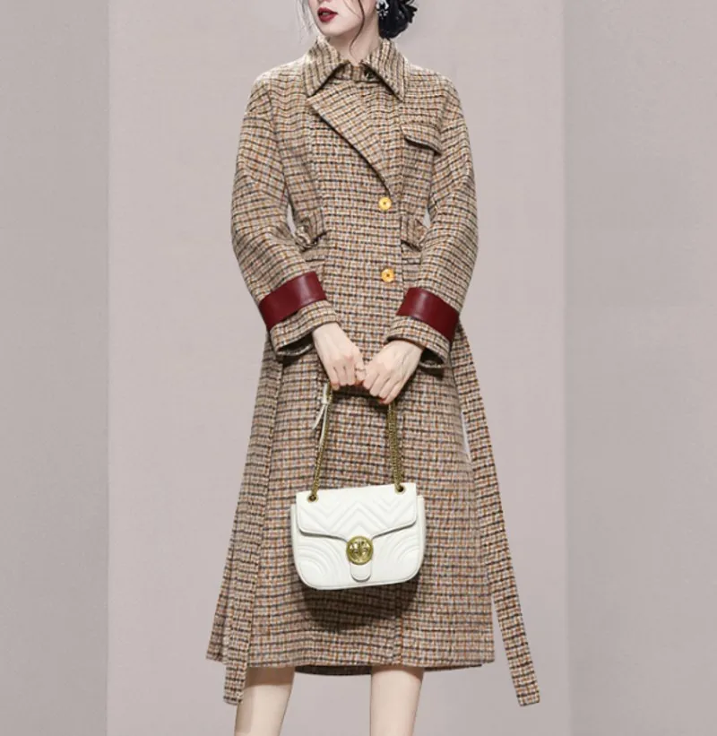 

2021 Winter Temperament Fashion Retro OL Lace-up Plaid Coat Long Woolen cloth Windbreaker