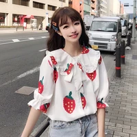 cute strawberry print peter pan collar top girls summer kawaii sweet girl chiffon shirt women 2021 new short sleeve blouse tops