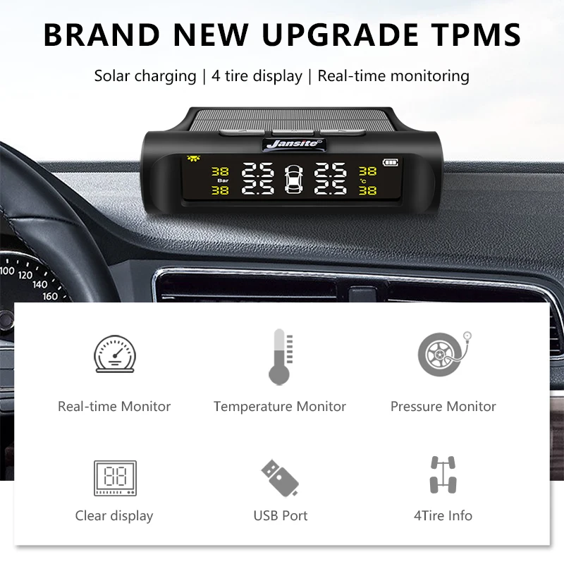 Vtopek Car TPMS 4 Tyres Car Tire Pressure Monitoring System Wireless Auto Alarm USB or Solar Charging HD Digital LCD Display