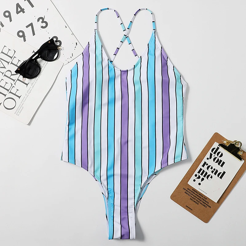 

Multi-Color Striped One Piece Swimsuit Women Sexy Monokini Swimwear Sexy Backless Swimming Suit for women 2021 New